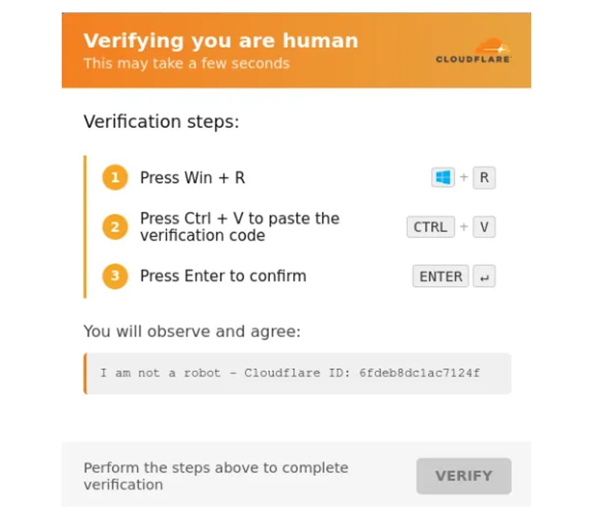 Falso aviso de verificación con la marca de Cloudflare que pide presionar Windows + R, pegar con Ctrl + V un supuesto código de verificación y confirmar con Enter