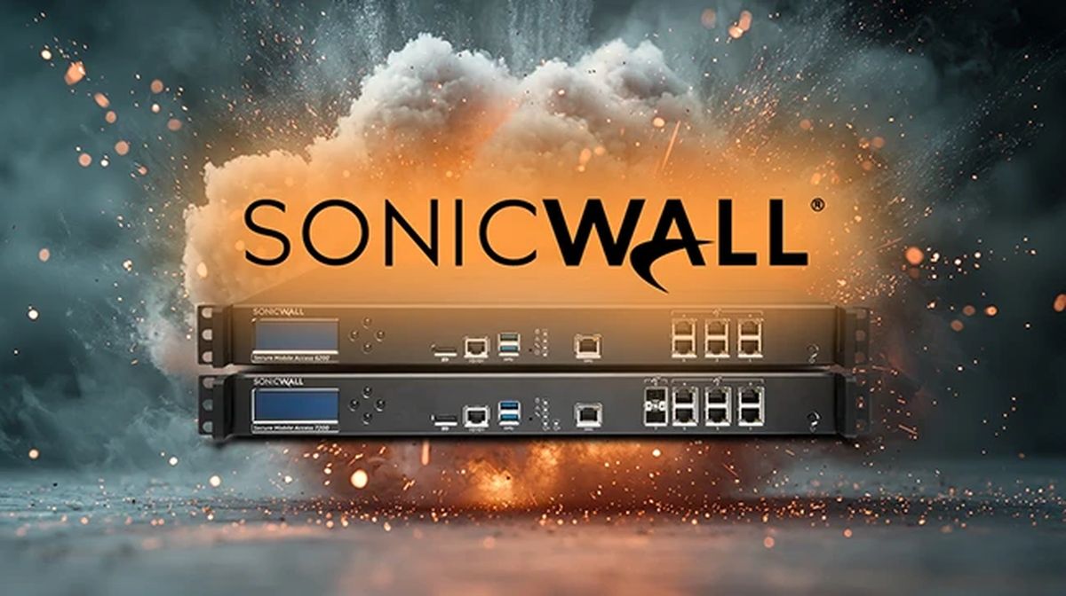Dos equipos SonicWall Secure Mobile Access montados en rack, con el logo de SonicWall sobre una explosión de humo y chispas