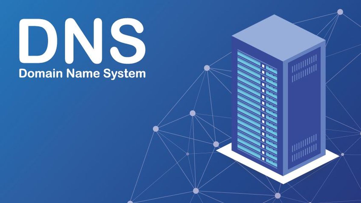 Ilustración de un servidor en una red, con el texto DNS, Domain Name System