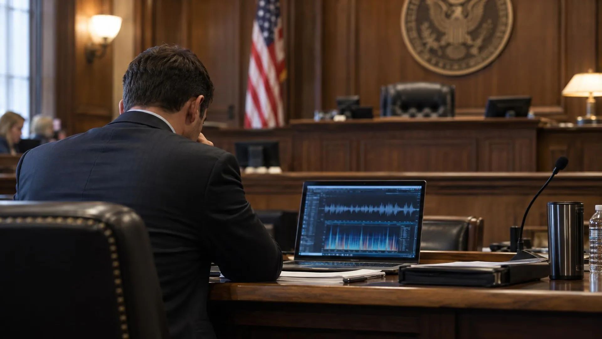 Un hombre de traje, de espaldas, en una sala de tribunal de Estados Unidos frente a una laptop que muestra ondas de audio, con la bandera estadounidense y un escudo federal al fondo