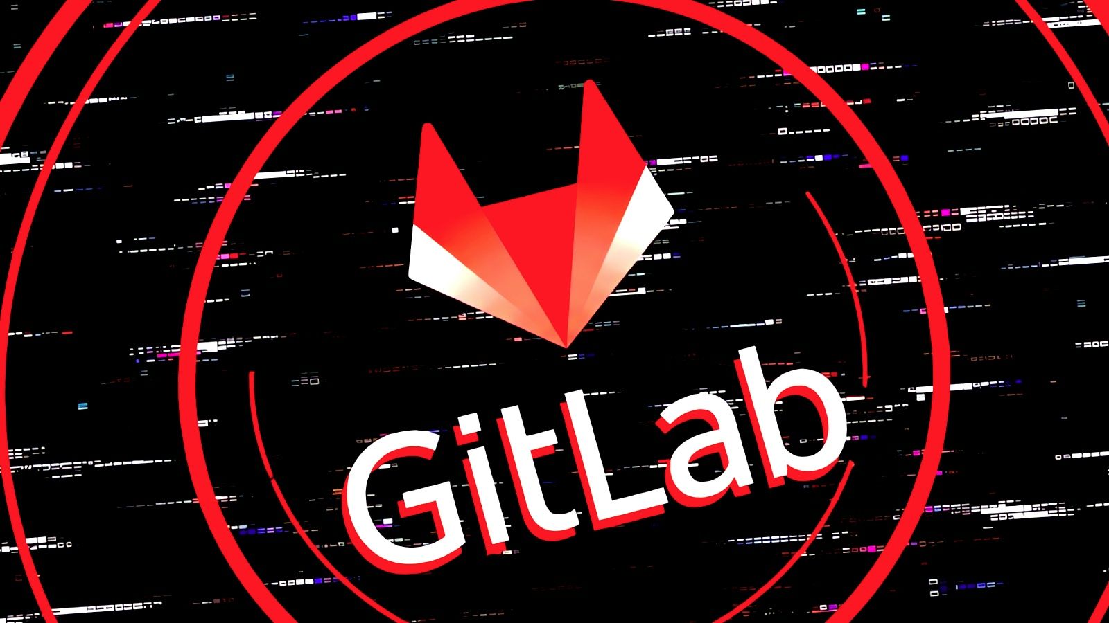Logo de GitLab, un zorro estilizado en rojo y naranja con la palabra GitLab, sobre un fondo negro con círculos rojos y líneas de interferencia digital