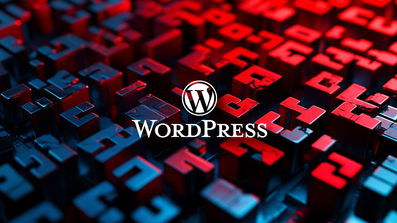 Logo blanco de WordPress, con el símbolo circular de la W y el nombre en letras mayúsculas, sobre un fondo de bloques tridimensionales en rojo y azul oscuro dispuestos en perspectiva.