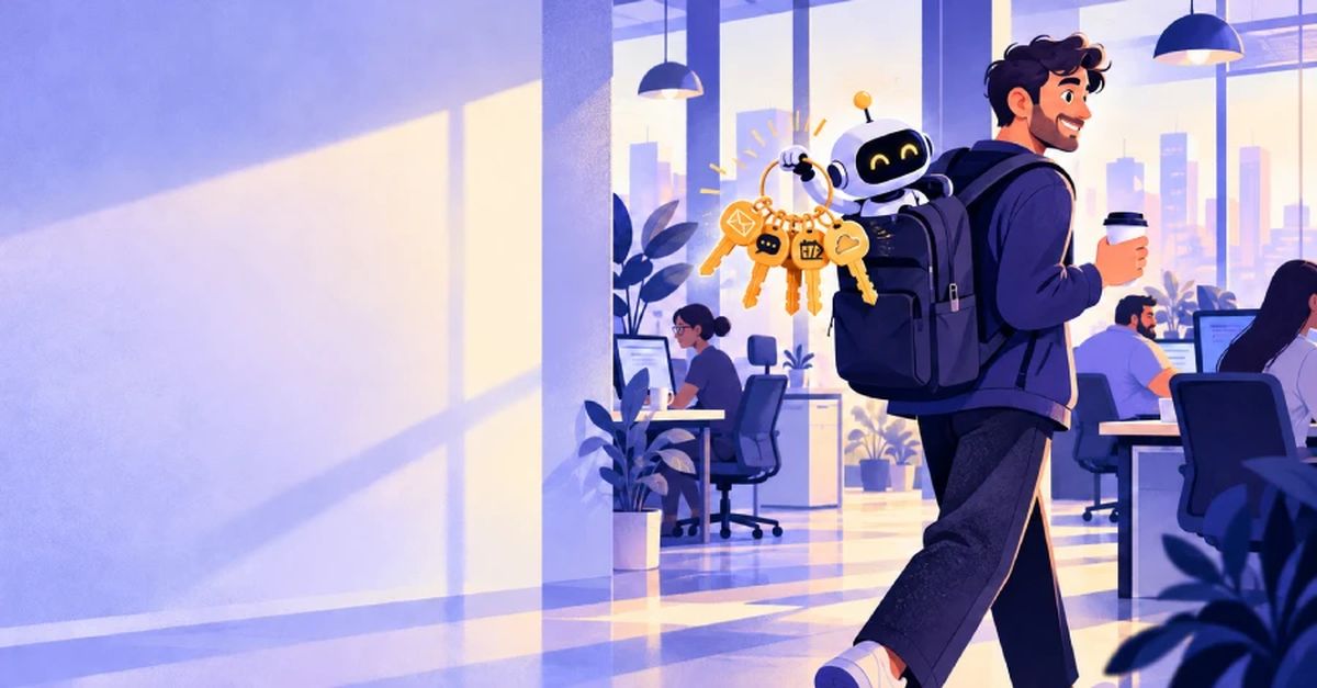 Ilustración de un empleado que entra a una oficina con café en la mano y un pequeño robot asomado en su mochila, que sostiene un llavero con llaves de correo, chat, calendario y nube