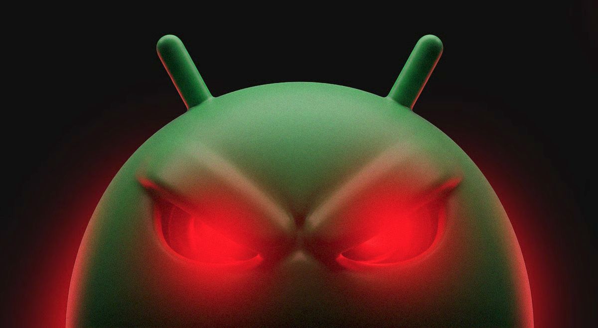 Cabeza del robot verde de Android con el ceño fruncido y ojos rojos brillantes sobre un fondo negro