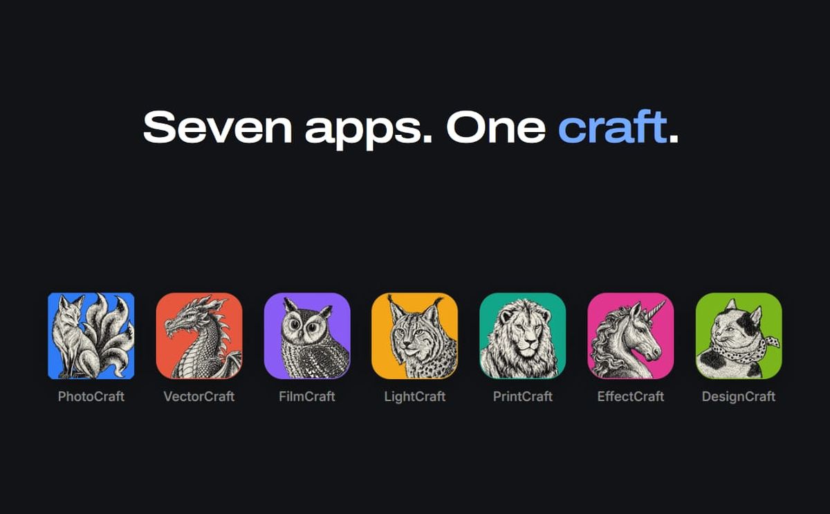 Íconos de siete aplicaciones de ArtCraft, cada una con un animal dibujado a mano sobre un color distinto, bajo el lema "Seven apps. One craft."